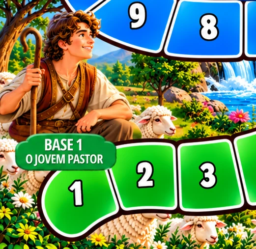Recorte do tabuleiro Corrida Bíblica Davi, mostrando o jovem pastor e parte das primeiras casas